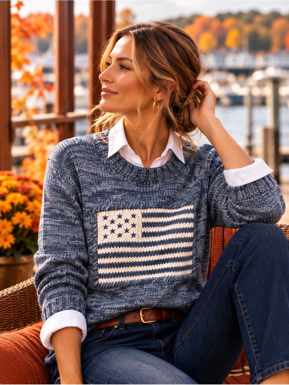 NEW Marled American Flag Crewneck Sweater L Blue Egret Cotton Coastal Preppy